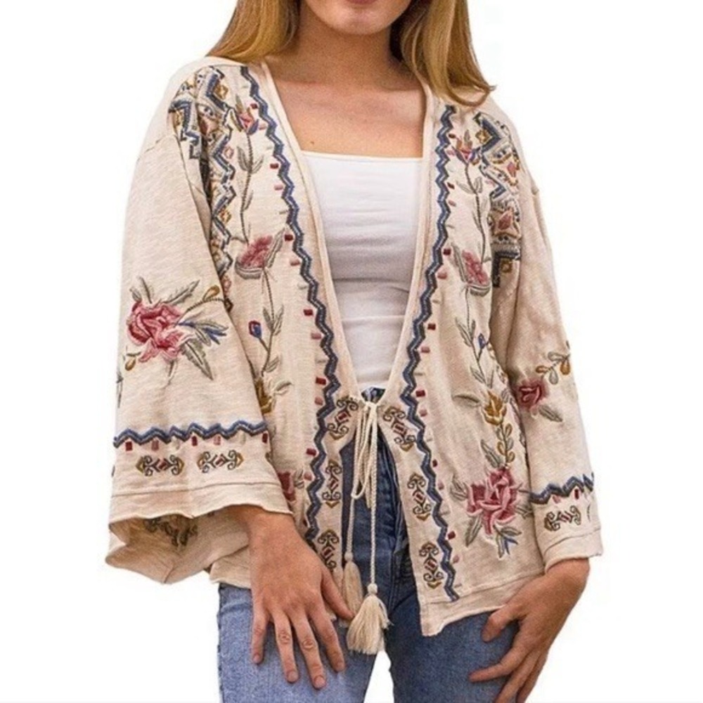 Karyn Kyla Seo Handmade cardigan Boho Embroidered Tie Front Women XL Cottagecore